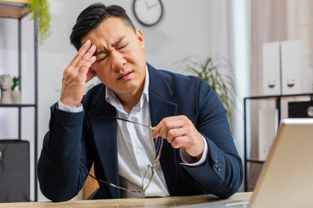 Tired Asian businessman feeling worried about financial problem, stress at home office workplace. Mature freelancer broker man frustrated thinking of money debt, budget loss, bankruptcy. Overworkingの写真素材