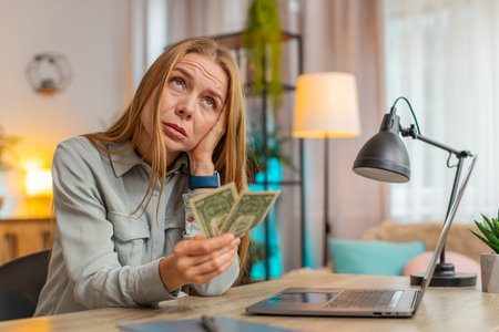 Caucasian mature woman freelancer counting dollar cash insufficient amount of money. Financial crisis. Bankruptcy. Upset businesswoman with laptop sitting at home office tableの写真素材