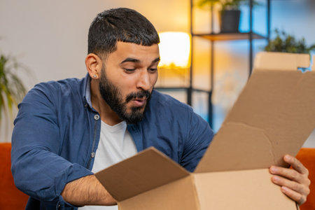 Excited young man unpacking delivery parcel sitting on couch in living room. Smiling guy shopper online shop customer clenching fists receiving purchase by fast postal shipping courierの写真素材