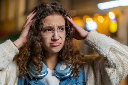 Sad unhappy teenager girl thinks over life concerns, suffers from unfair situation. Problem, feeling bad annoyed, burnout grief. Frustrated depressed lonely woman standing on city street at eveningの写真素材