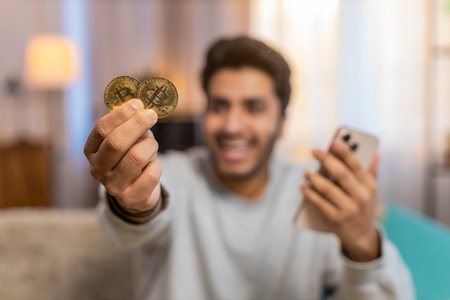 Young Indian man with bitcoin checks cryptocurrency exchange charts on smartphone app calculates...