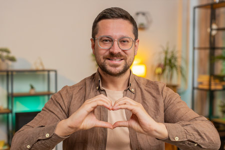 I love you. Caucasian young businessman makes symbol of love, showing heart sign to camera, express...