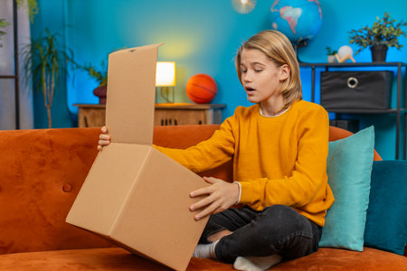 Caucasian teenager boy unboxes a delivery box at home. Looks inside with interest, fascinated by the new item while sitting comfortably on sofa, showing excitement and curiosity in relaxed living roomの写真素材