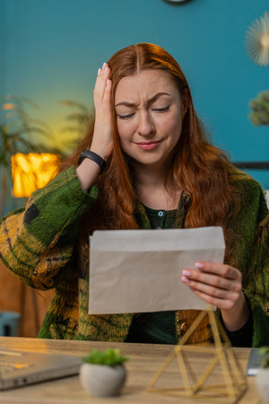 Amazed woman girl opening envelope reading bad news in letter feels upset sitting at home office desk. Financial problems, bank debt bill for pay, tax invoice or bankruptcy notification. Verticalの写真素材