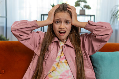 Young girl child feeling hopelessness and loneliness, loses play game becoming surprised by lottery results, bad fortune, loss, unlucky news. Preteen kid on sofa couch at home.の写真素材