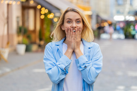 Caucasian young woman looking surprised at camera with big open eyes shocked by sudden victory, game winning, good news outdoors. Lady on city sunshine streetの写真素材