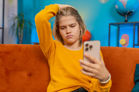 Caucasian teenager boy loses in playing online game on smartphone at home. Upset waves hand in despair while sitting on sofa, showing frustration and disappointment after defeat in the intense gameの写真素材