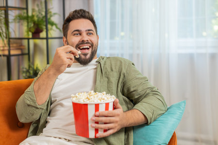 Relaxed Caucasian young man eating popcorn and watching movie sitting on sofa in living room at home. Happy guy with brown hair in casual clothes enjoying suspense film during weekend in apartment.の写真素材