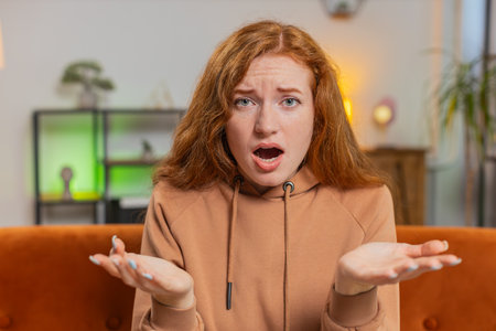 Young redhead woman feeling hopelessness and loneliness, loses play game becoming surprised by results, bad fortune, loss, unlucky news. Upset girl on sofa couch at home.の写真素材