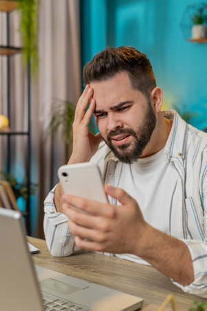 Frustrated young businessman using smartphone typing browsing loses becoming surprised sudden lottery results, bad news fortune loss fail at home office desk workplace. Freelancer worker man. Verticalの写真素材