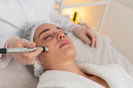 Injection-free mesotherapy or electroporation. Beautician doctor makes client woman face therapy in...
