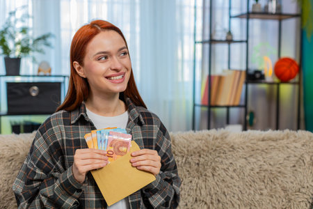 Young woman at home counting cash euro and placing part into envelope with a satisfied smile. Caucasian redhead girl on sofa planning budget feeling responsible and emotionally confident in controlの写真素材