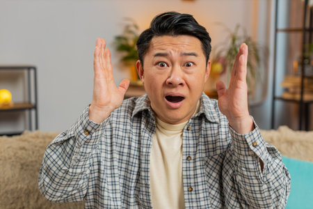 Portrait of upset Asian young man making face, feeling bored, disappointed in result, bad news. Sad guy watching TV being embarrassed and annoyed looking at camera sitting on sofa couch at home.の写真素材