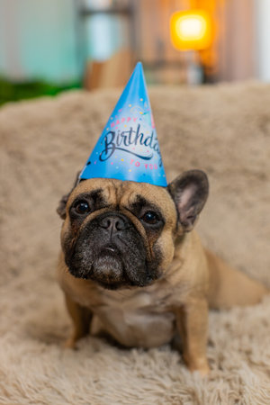Pug funny dog in festive birthday cone hat sits on home sofa and looks into camera with curious expression. Pet waits for celebration, showing excitement, personality, and sweet anticipation indoors.の写真素材