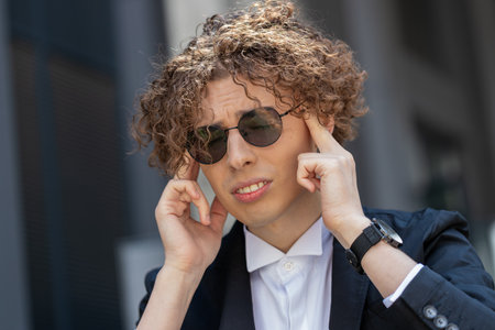 Caucasian businessman in formal suit feels a headache on the street near an office building. Manager massages his forehead and temples with his hands. Upset man with curly hair suffering from migraineの写真素材