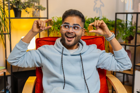 Indian man freelancer holding two gold coins, successful developer programmer. Stock trader earning...