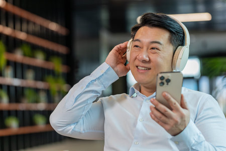Happy relaxed Chinese businessman wearing headphones listening favorite energetic disco music on...