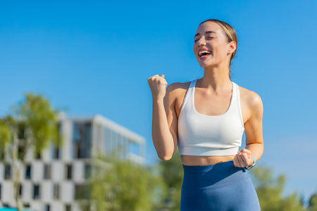 Athletic fit runner celebrate success win scream rejoices triumph victory marathon race. Workout cardio training in sunny city park. Young woman enjoy healthy lifestyle. Active sportswoman motivation.の写真素材