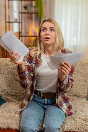 Young adult woman holds bills on home sofa shakes head in disappointment after reviewing high expenses. Blonde girl reacts with frustration, feeling concerned about financial pressure and rising costsの写真素材