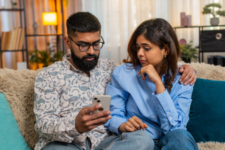 Indian couple man and woman sitting on home sofa, using smartphone for food order, joking and laughing while debating dinner. Young family enjoying playful moment with smiles and fun emotions indoors.の写真素材