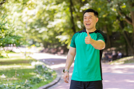 Portrait athletic fit smiling runner man training looking at side happy about marathon achievement. Workout cardio in park. Japanese young guy sportsman showing thumbs up against blurred treesの写真素材