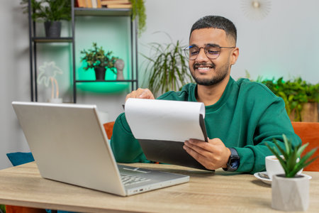Happy Indian man freelancer work with documents from home analyzing information read business papers...