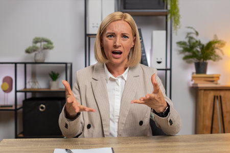 POV of mature businesswoman sits at home office desk talking on online communication video call with employee, boss, teacher. Caucasian freelancer woman support services looking at camera. Webcam viewの写真素材