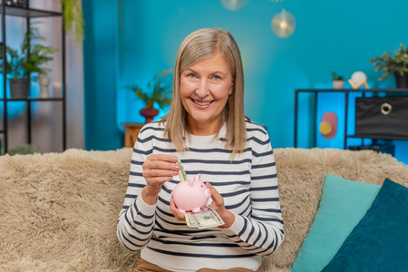 Caucasian mature woman saves money dollar cash by placing part of pension into into piggy bank sitting on home sofa. Grandmother demonstrates financial responsibility, expressing savings and careの写真素材