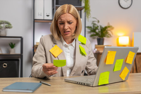 Tired exhausted mature businesswoman sitting at office table with laptop sticky notes sticks with...