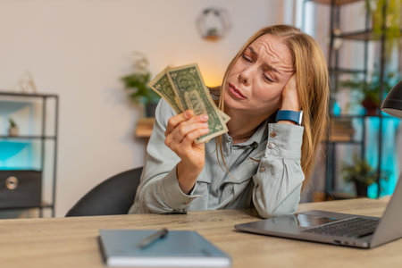 Caucasian mature woman freelancer counting dollar cash insufficient amount of money. Financial...