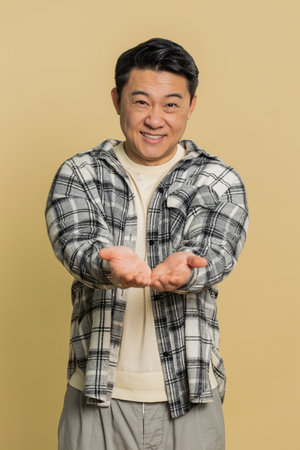 Free gifts and presents for you. Asian mature man opening stretches out hands, excitement, preparing surprise, sharing love emotions, congratulating, charity donation. Chinese guy on beige background.の写真素材