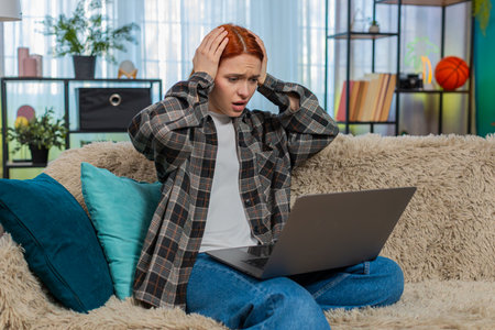 Young woman at home looking at laptop with sad face laying head on arms after test failure or bad...