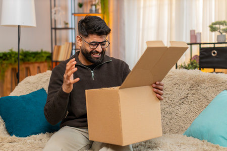 Indian man at home opens delivery box, sees incorrect item and shakes head in disappointment. Arabian guy on sofa looks upset and frustrated by online shopping mistake and order fulfillment issueの写真素材