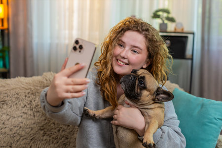 Young Caucasian redhead woman holds pug dog and takes selfie on home sofa with happy expression and smile. Girl enjoys bonding moment with lovely pet, posing with dog in cozy apartment interior.の写真素材