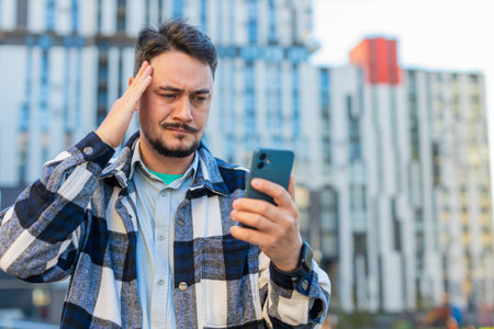 Upset unhappy Caucasian young man guy male using mobile smartphone bad connection losing fortune loss fail touch head why negative result outdoors. Mature traveler standing on downtown city street.の写真素材