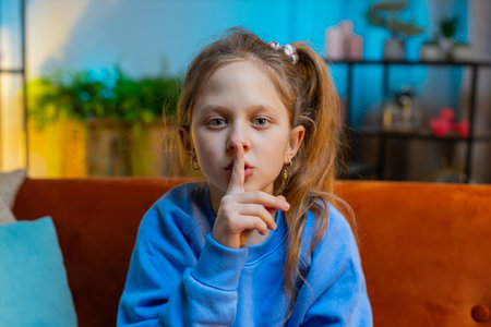 Shh be quiet please. Preteen child girl presses index finger to lips makes silence hush gesture sign do not tell gossip secret. Teenager female kid at home apartment evening room sitting on couchの写真素材