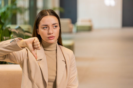 Dislike. Upset Caucasian businesswoman sitting in office lobby showing thumb down sign gesture, expressing discontent, disapproval dissatisfied bad work. Displeased serious freelancer in formals.の写真素材