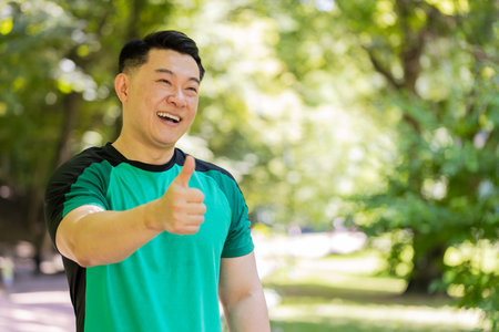 Like. Portrait athletic fit smiling runner man training looking at side happy about marathon achievement. Workout cardio in park. Japanese young guy sportsman showing thumbs up against blurred treesの写真素材