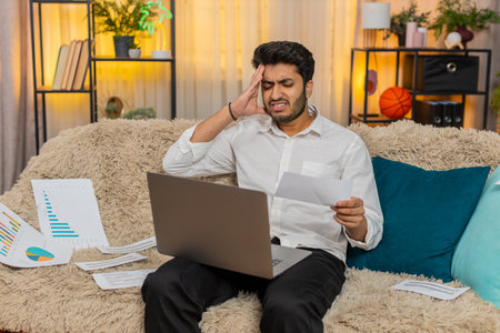 Indian man at home feeling stressed, massaging temples due to headache while looking at a laptop. Arabian guy on sofa surrounded by scattered documents, overwhelmed by work and financial pressureの写真素材
