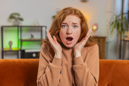 Young redhead woman feeling hopelessness and loneliness, nervous breakdown, loses play game becoming surprised by lottery results, bad fortune, loss, unlucky news. Upset girl on sofa couch at home.の写真素材