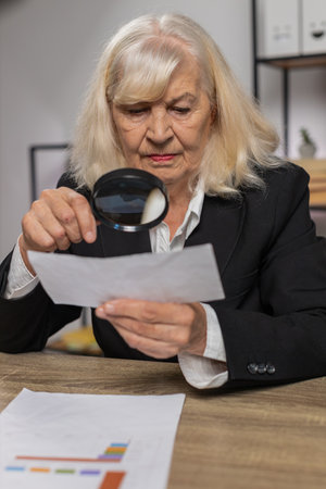 Accountant senior businesswoman looks through magnifying glass, investigate, examine analyzing reading documents, sits at workplace desk. Elderly grandmother freelancer working at office. Paperwork.の写真素材