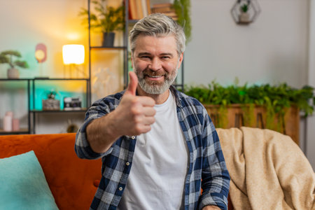 Happy excited Caucasian senior man looking at camera and showing thumbs up like sign positive great news positive feedback. Bearded mature old guy sitting arms crossed on sofa in living room at home.の写真素材
