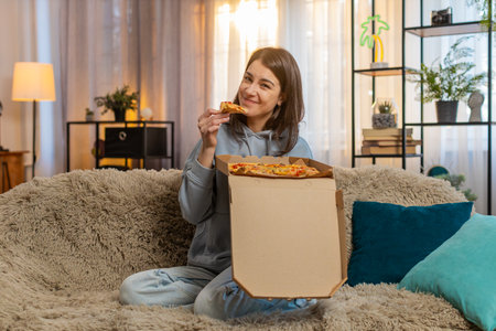 Happy Caucasian young woman receives pizza delivery sitting on sofa with the box quickly unpacks and eats enthusiastically. Adult girl waves at the courier leaves good review and shows enjoyment.の写真素材