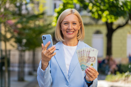 Mature businesswoman standing on city street showing earnings winning at betting cash money with...