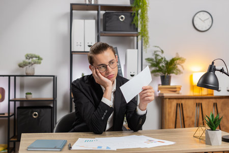 Serious Caucasian young businessman in formal suit sitting at home office with letter, upset and disappointed, reading bad news, receiving notification of bank loan refusal, frustrated by bankruptcy.の写真素材