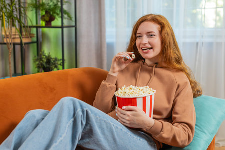 Relaxed redhead young woman eating popcorn and watching movie wow expression sitting on sofa in living room at home. Happy ginger girl in casual clothes enjoying film during weekend in apartment room.の写真素材
