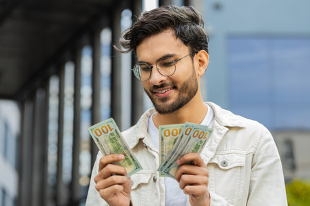 Happy joyful Indian man counting money cash holding dollars banknotes bills budget count salary...