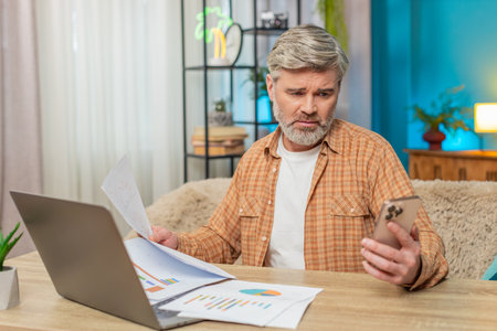 Caucasian mature man at home, using laptop and smartphone, reviewing financial reports. Middle-aged...