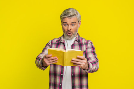 Mature man opens book with eager hope, showing bright surprise and stunned excitement. Middle-aged guy on yellow background shows amazement shocked wow reaction, suggesting hidden intrigue in pagesの写真素材