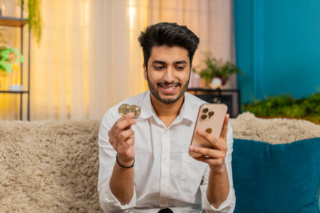Indian man at home on sofa checking bitcoin wallet balance on smartphone, feeling excited slightly tense. Guy focused on cryptocurrency market fluctuations, reacting to financial changes in real timeの写真素材